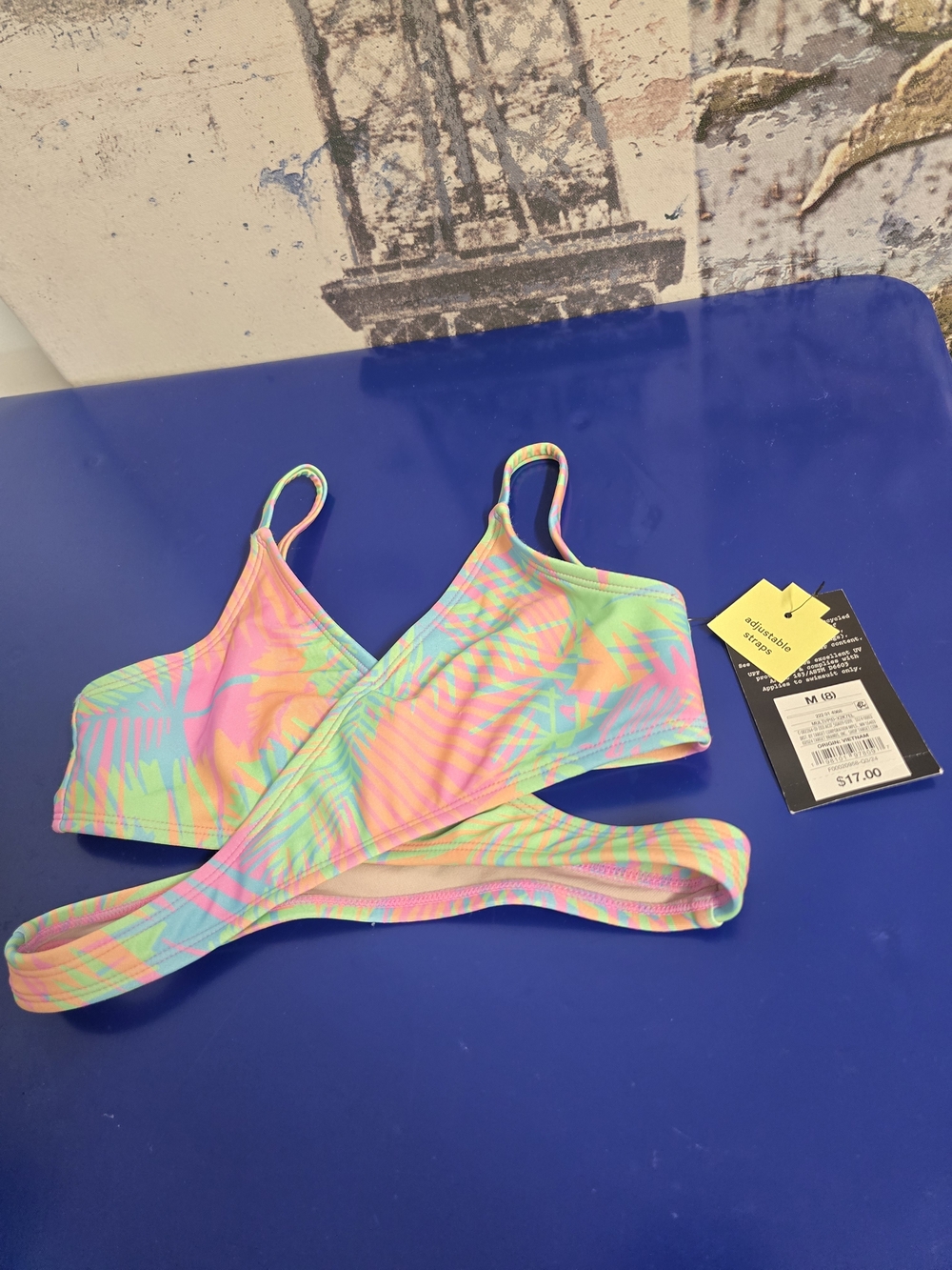 Source Unknown Neon Palm Cross-Front Girls' Swim Top - Pink, Green, Blue, Yellow
